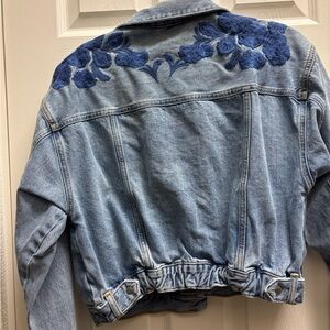 Cropped Blue Embroidered Denim Jacket